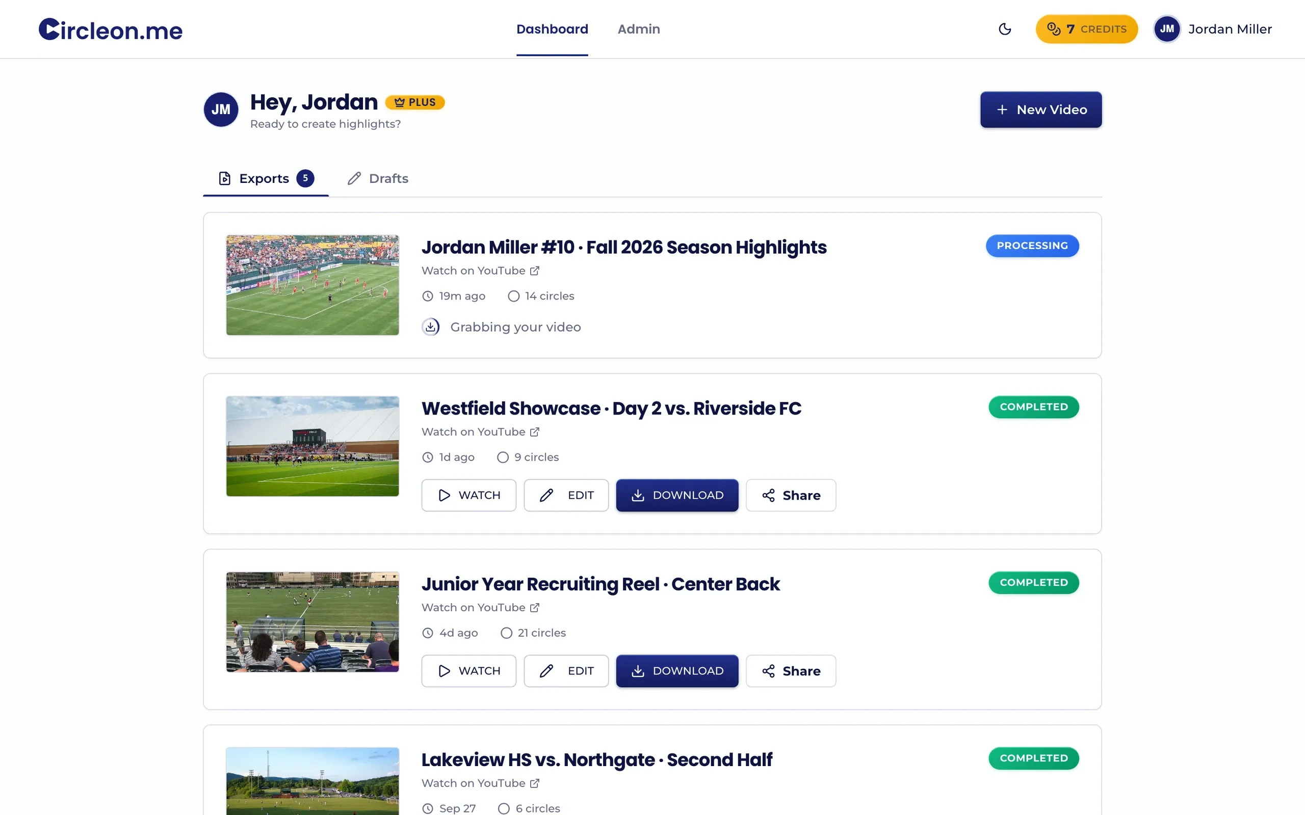 CircleOn.me, Athlete dashboard: Athlete dashboard: exports with live render status, plus watch, edit, download and share actions.