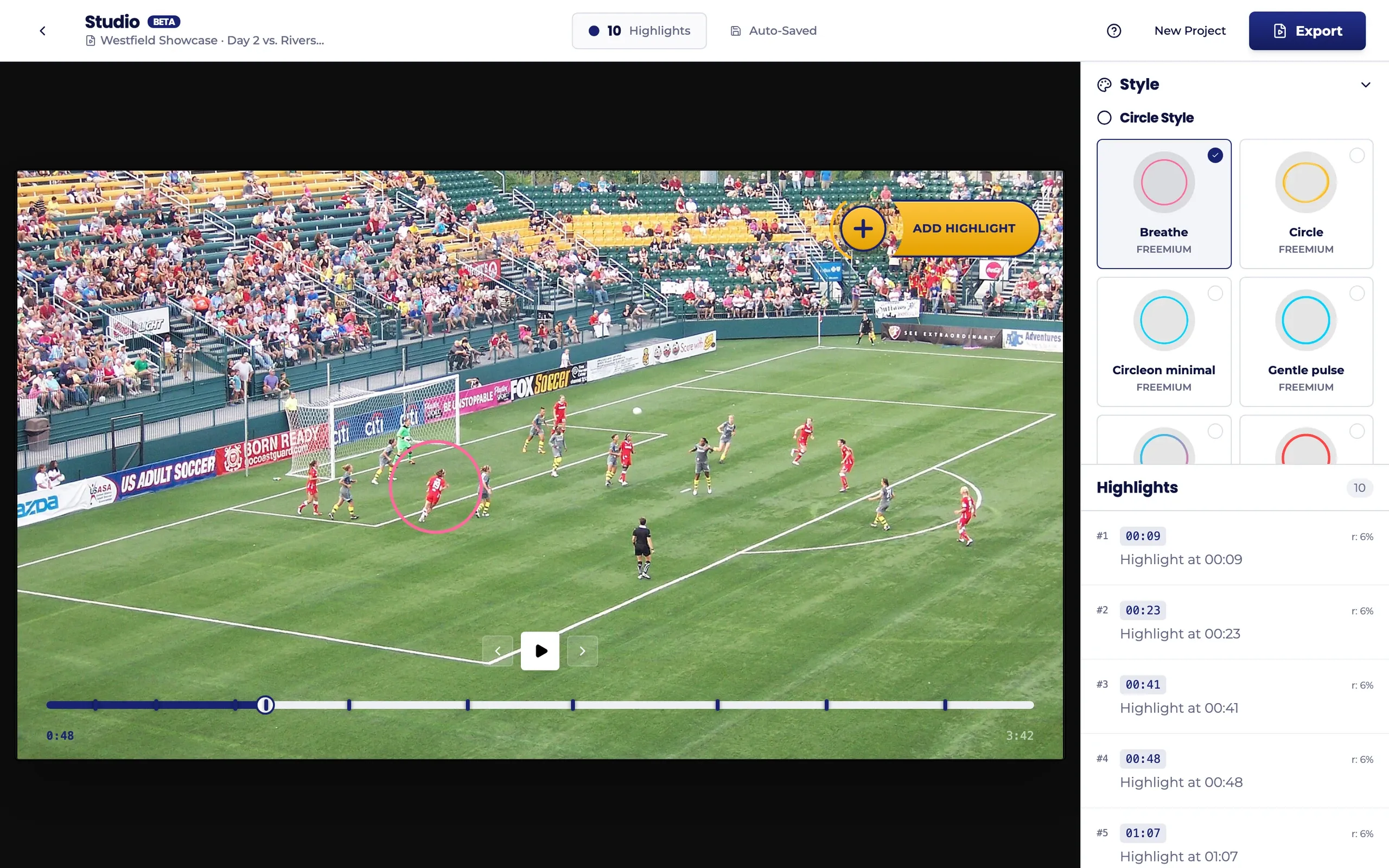 CircleOn.me, Video studio: The studio: circles marked on the timeline, a choice of circle styles and the list of highlights for the export.