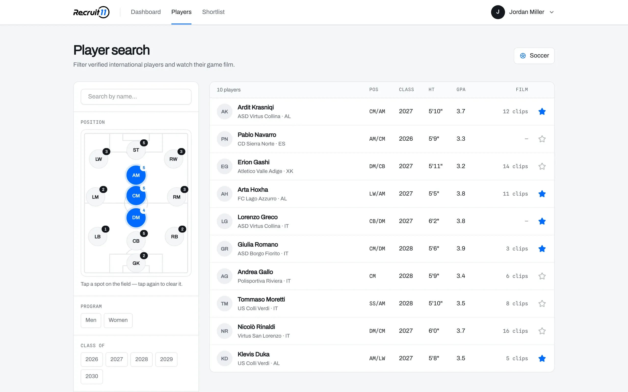 USA College Sport, Coach: Coach portal: filter players by position on a clickable pitch, then by class, GPA and film.