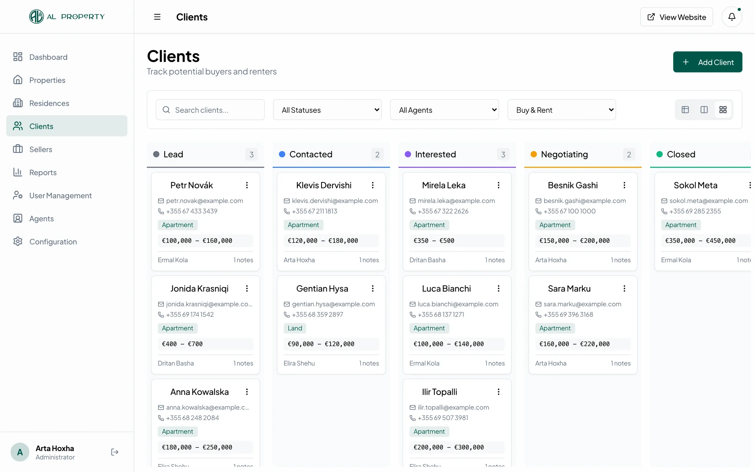 ALProperty, CRM: Buyers and renters on a drag-and-drop Kanban board, grouped by status