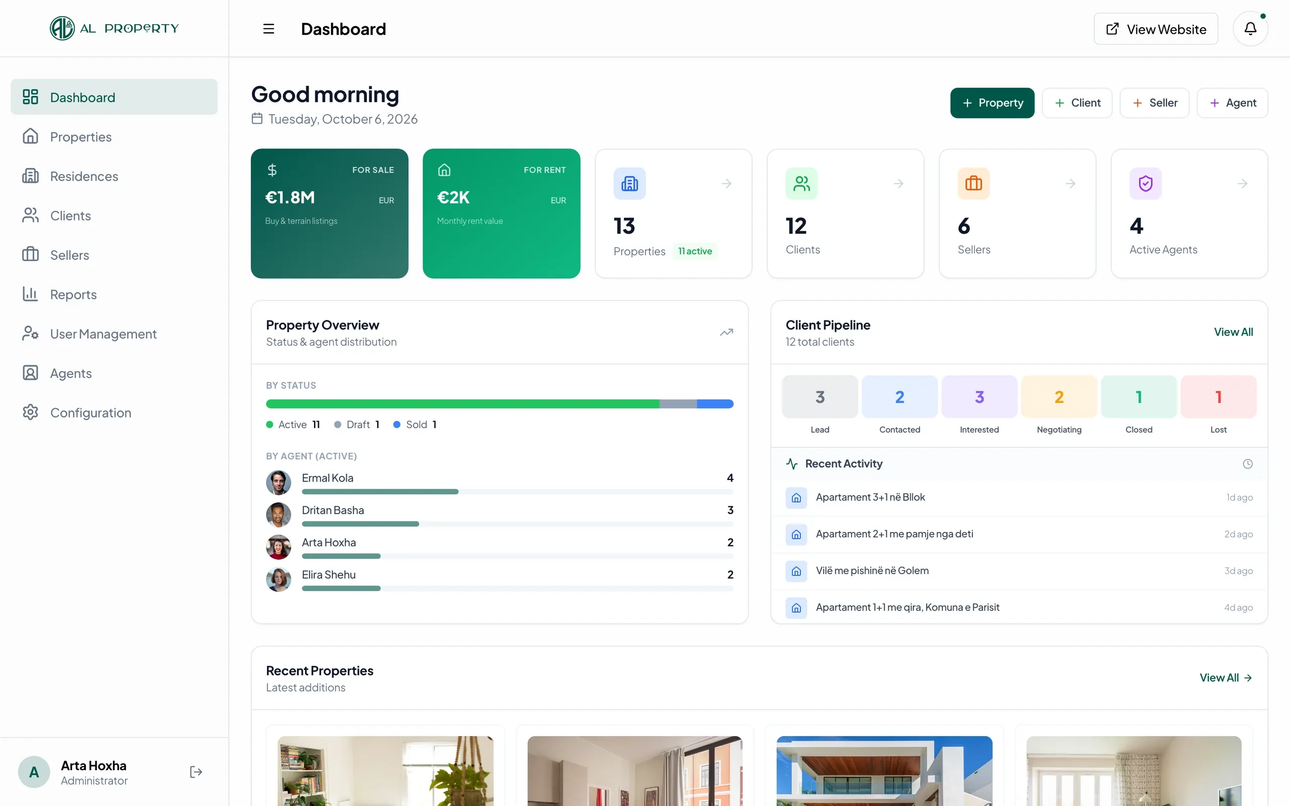 ALProperty, CRM: CRM dashboard: portfolio value, listings per agent, client pipeline and recent activity