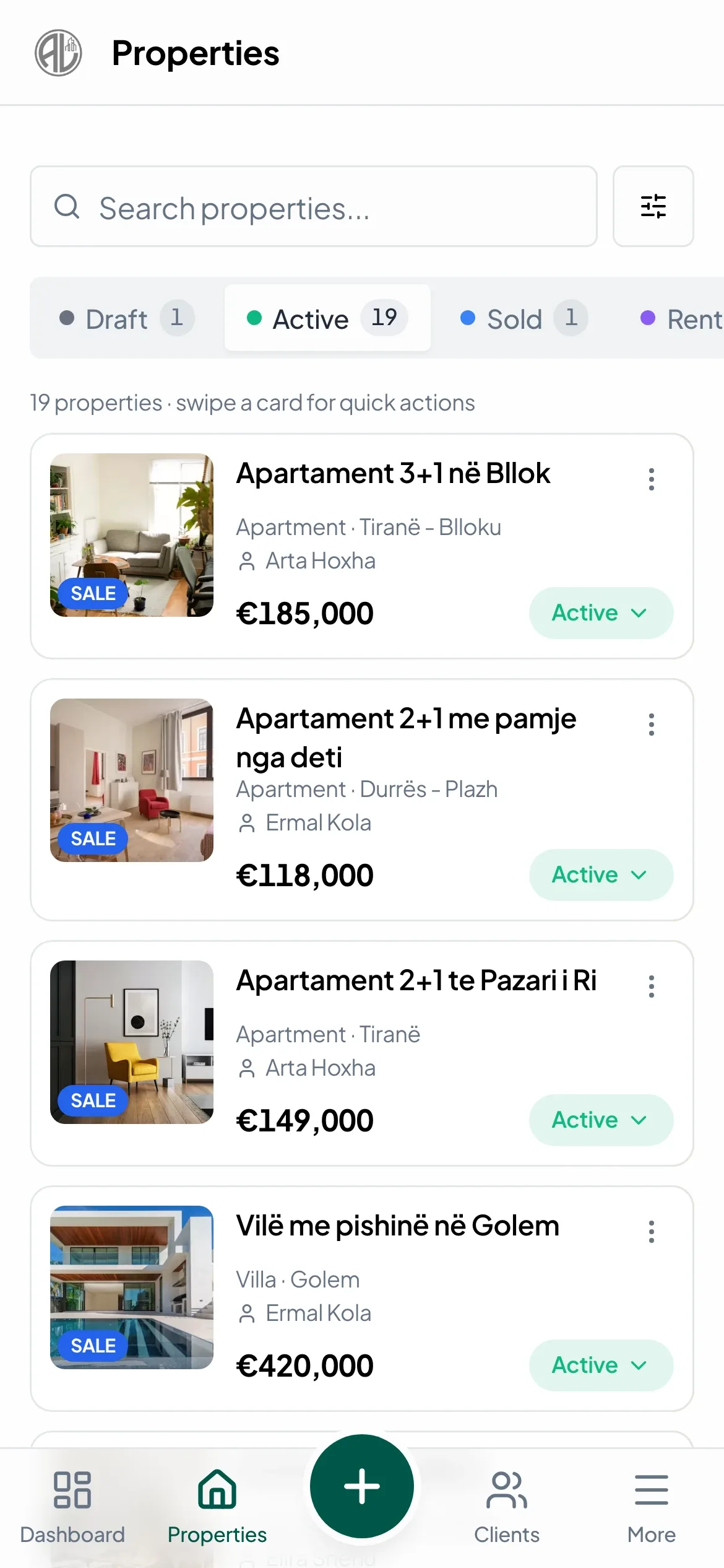 ALProperty, CRM: The CRM on a phone: listings filtered by status, with quick actions on each card