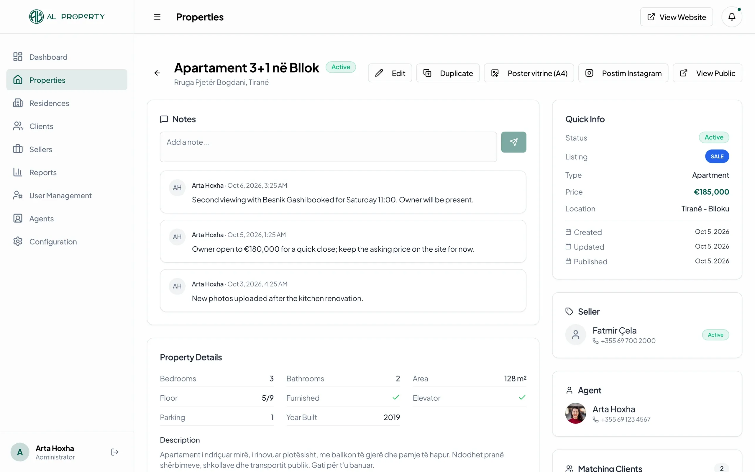 ALProperty, CRM: A listing in the CRM: team notes, seller, agent, matching clients and poster/Instagram export