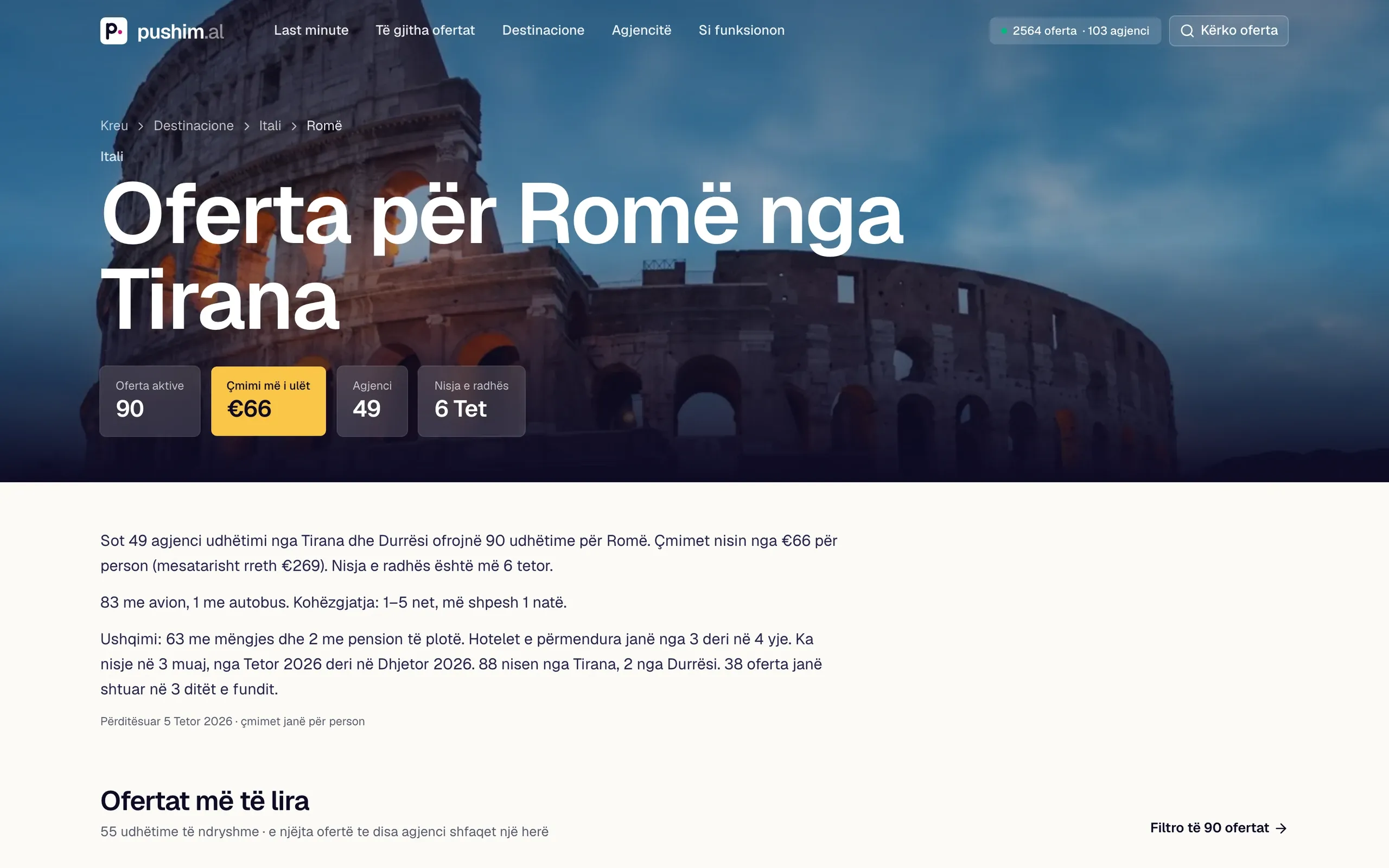 Pushim.al, Website: Destination page: live stats and an auto-written market summary