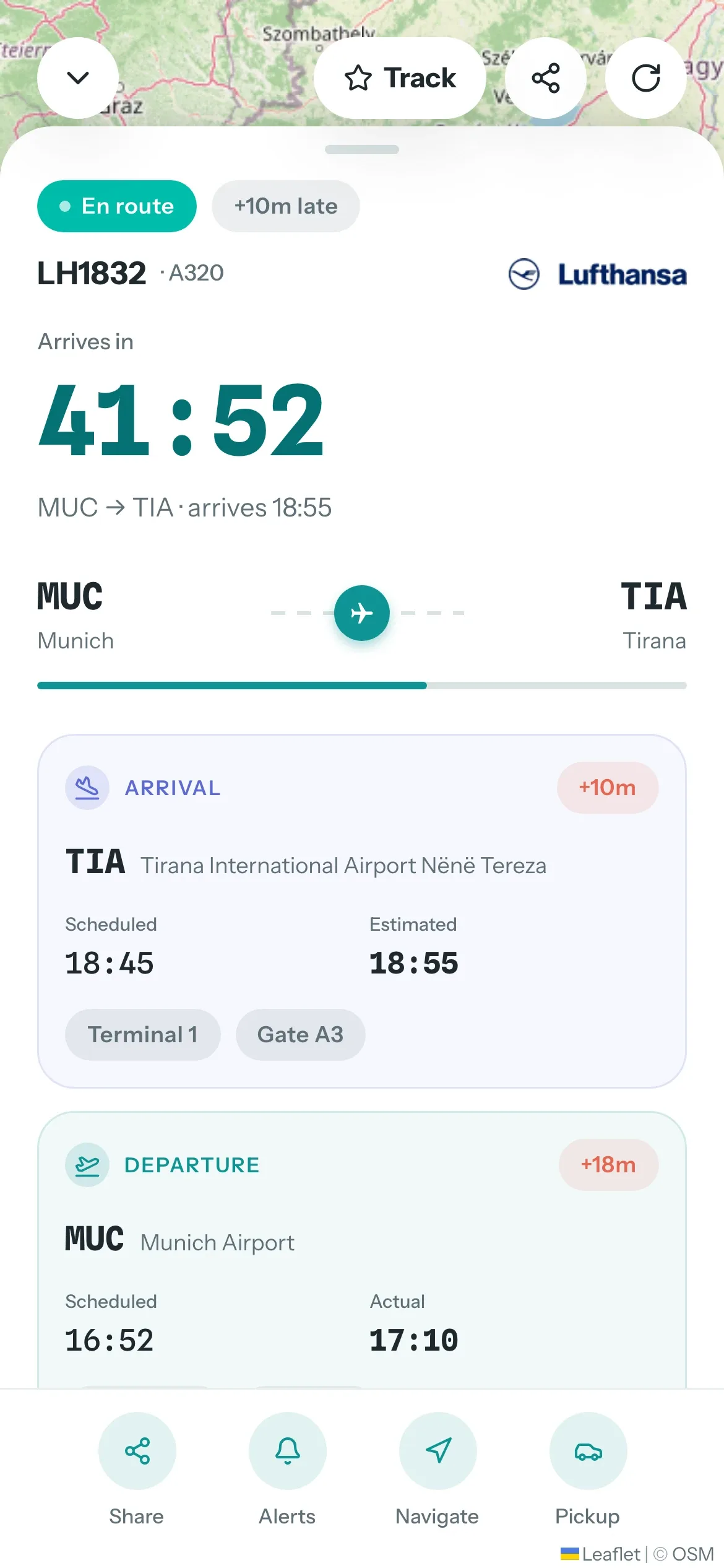Touchdown (tdown.live), Web app: Flight details: countdown, progress, scheduled vs. estimated times, terminals and gates.