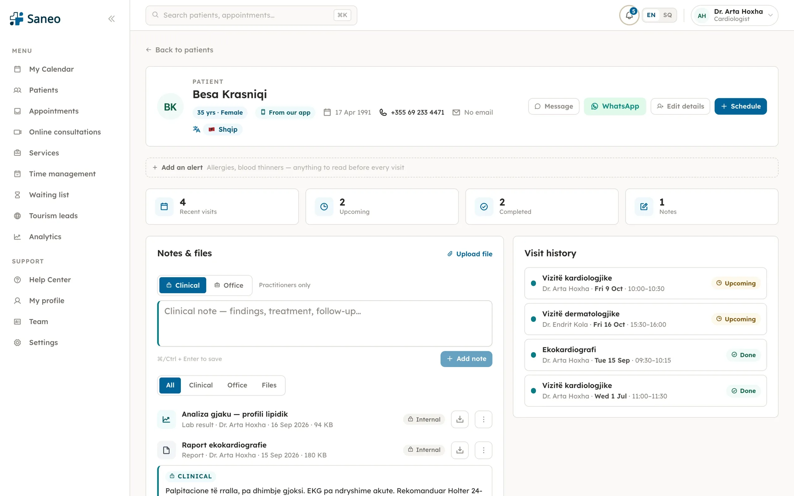 Saneo, Doctor: Patient chart with visit history, clinical notes and files