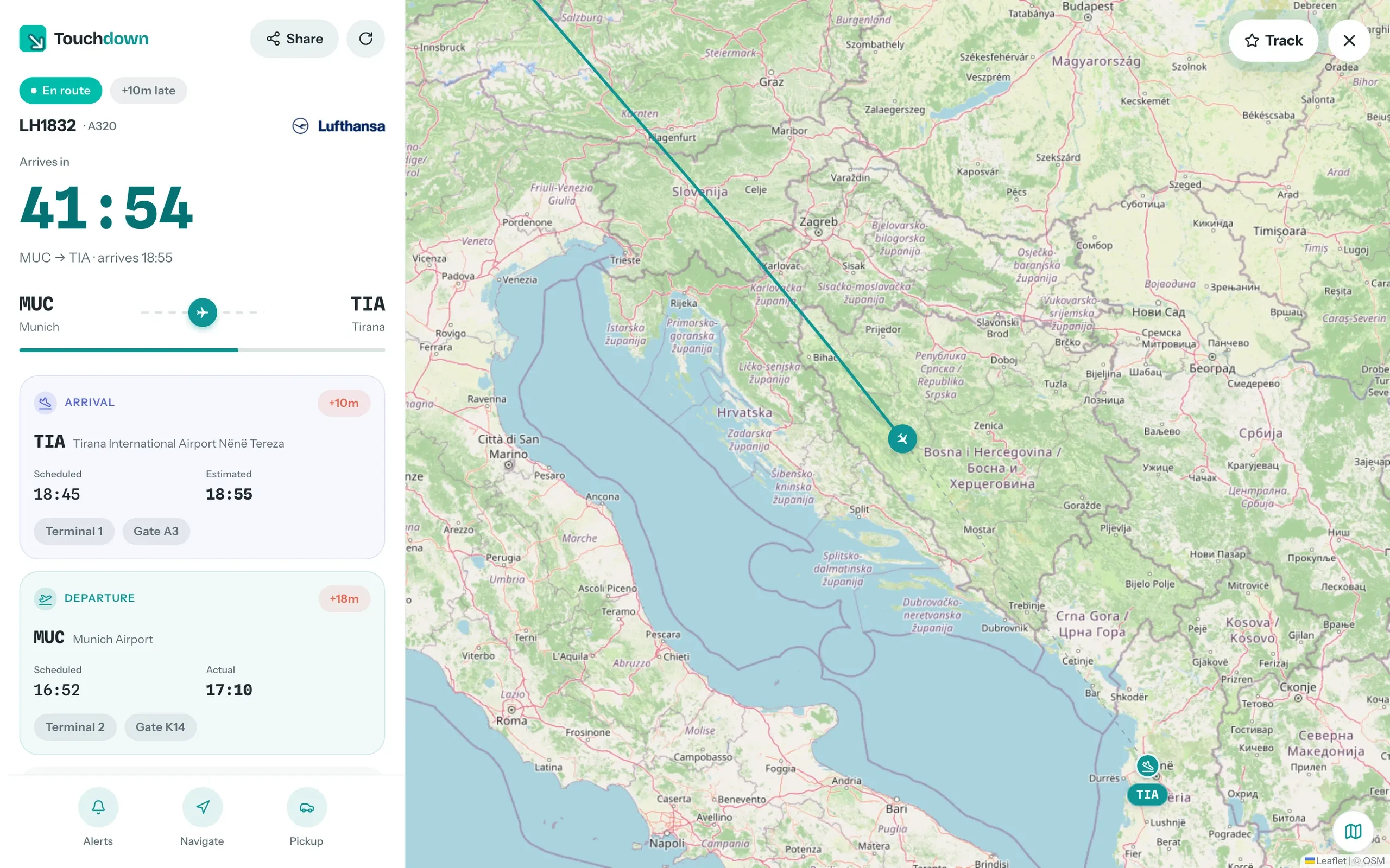Touchdown (tdown.live), Web app: Desktop view: flight details beside a full-height map with the flown track and remaining route.