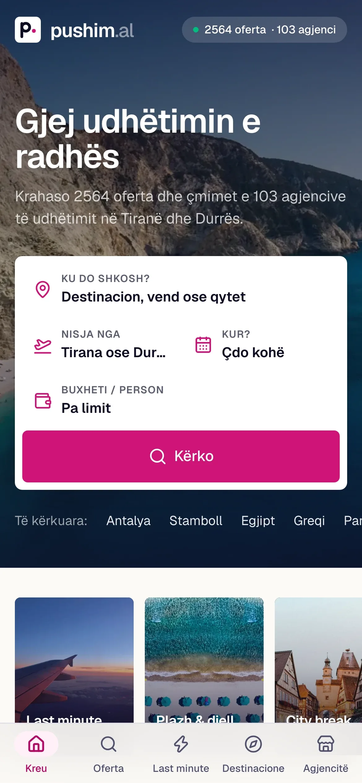 Pushim.al, Website: Mobile-first layout with a bottom tab bar