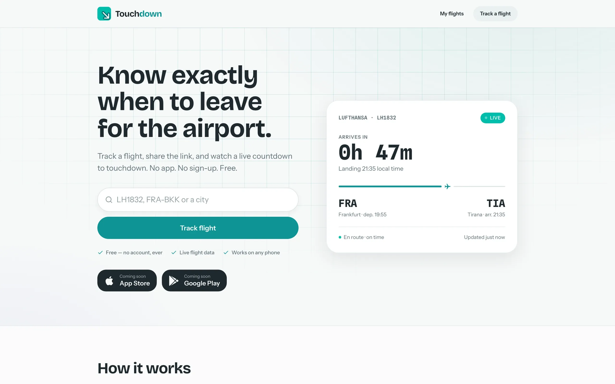 Touchdown (tdown.live), Website: Landing page: search by flight number, route or city. No app, no sign-up.