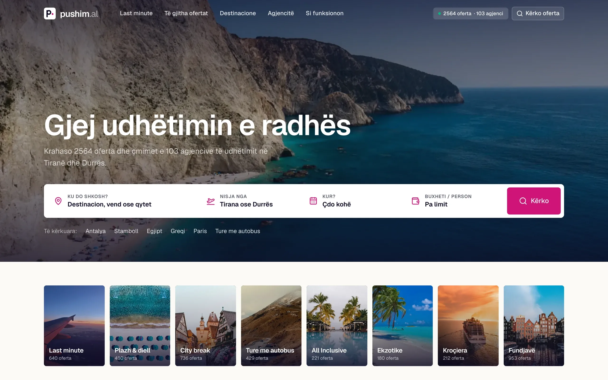 Pushim.al, Website: Home: search by destination, departure city, dates and budget