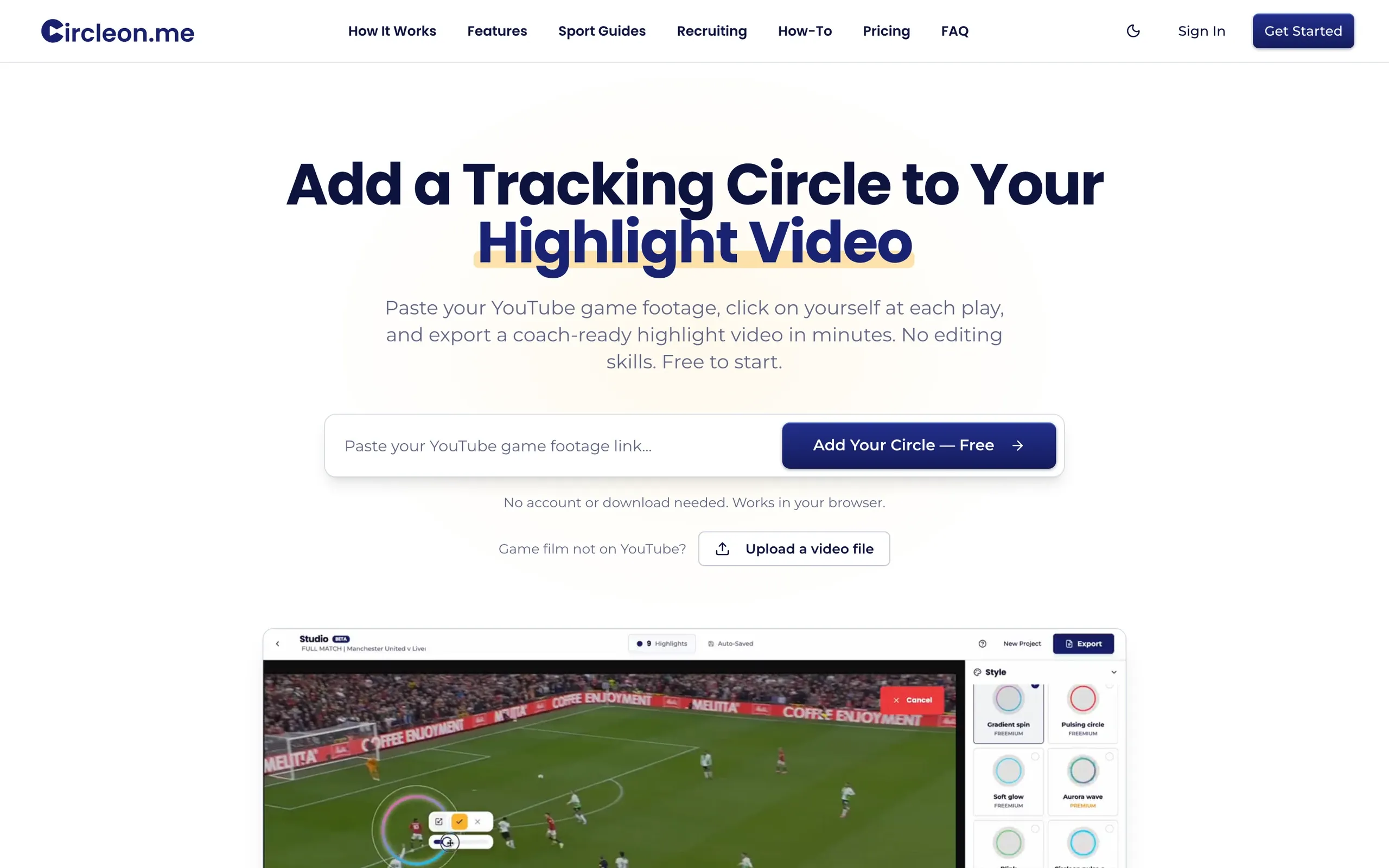 CircleOn.me, Website: Landing page: paste a YouTube link or upload game film and start placing circles for free.