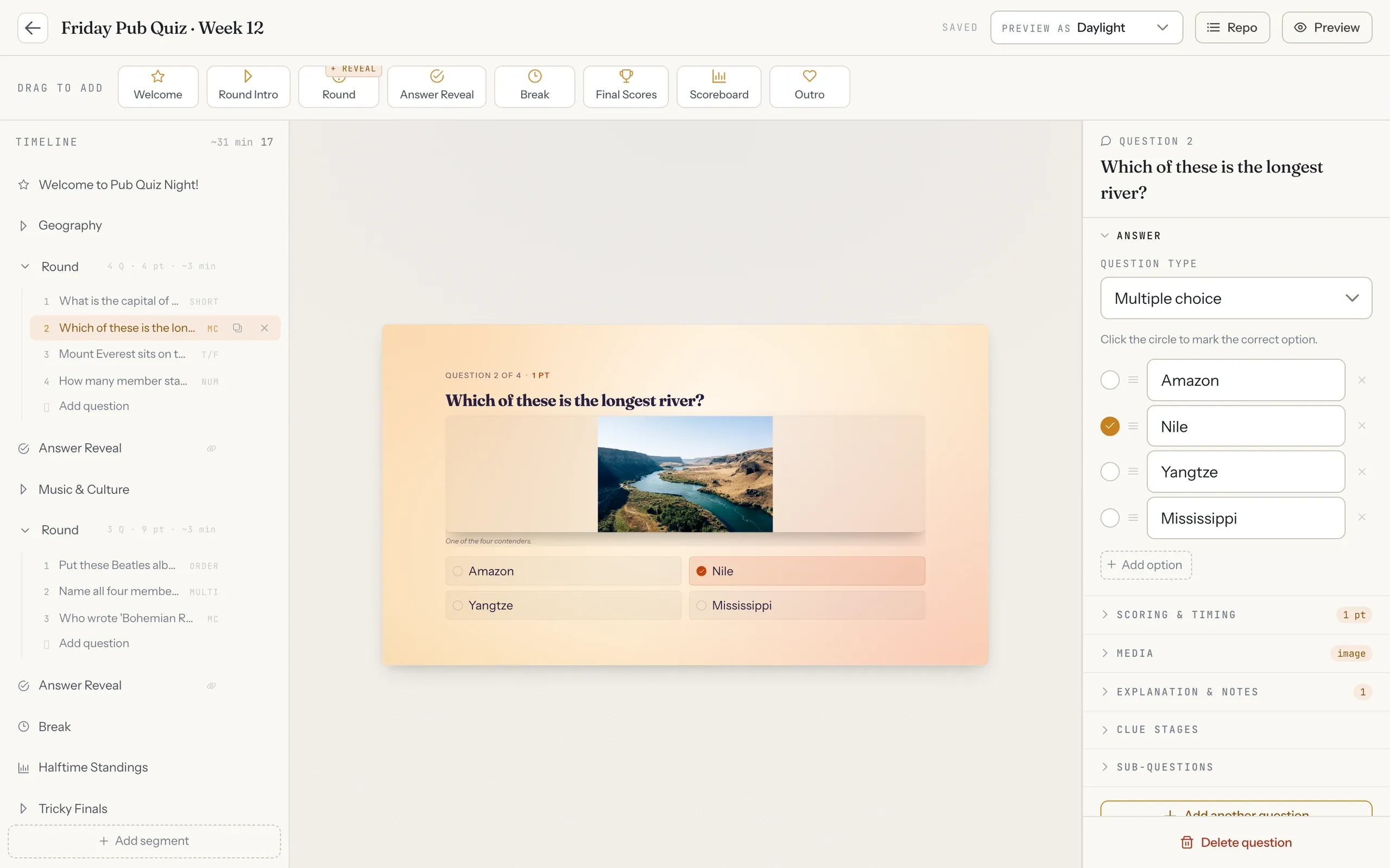 The Quiz Master, Host app: Quiz builder: the timeline on the left, a live slide preview in the middle, the question inspector on the right.