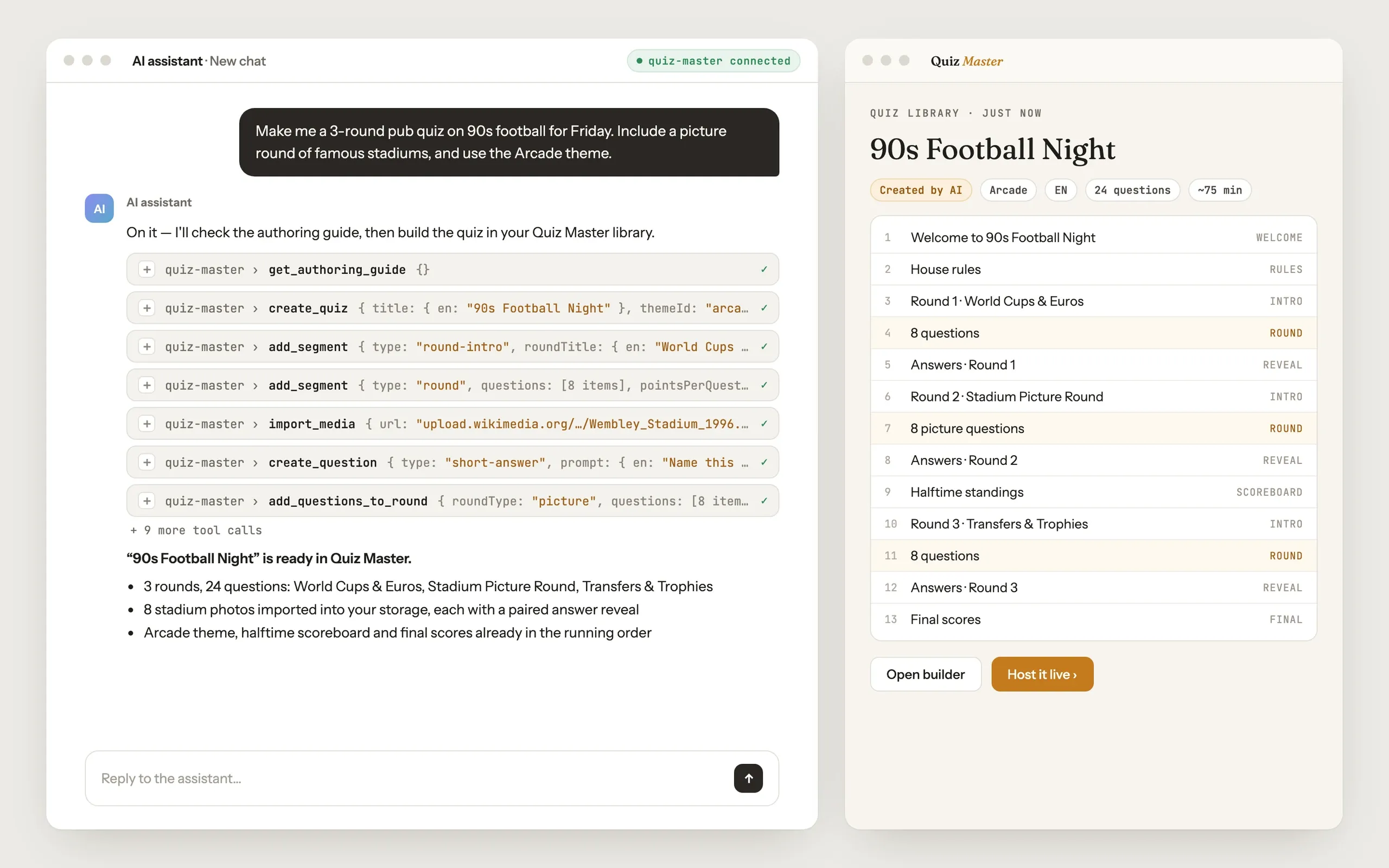The Quiz Master, MCP: MCP in use: an AI assistant builds a 3-round 90s football quiz with the Quiz Master tools, and it lands in the library ready to host (illustrative mock).