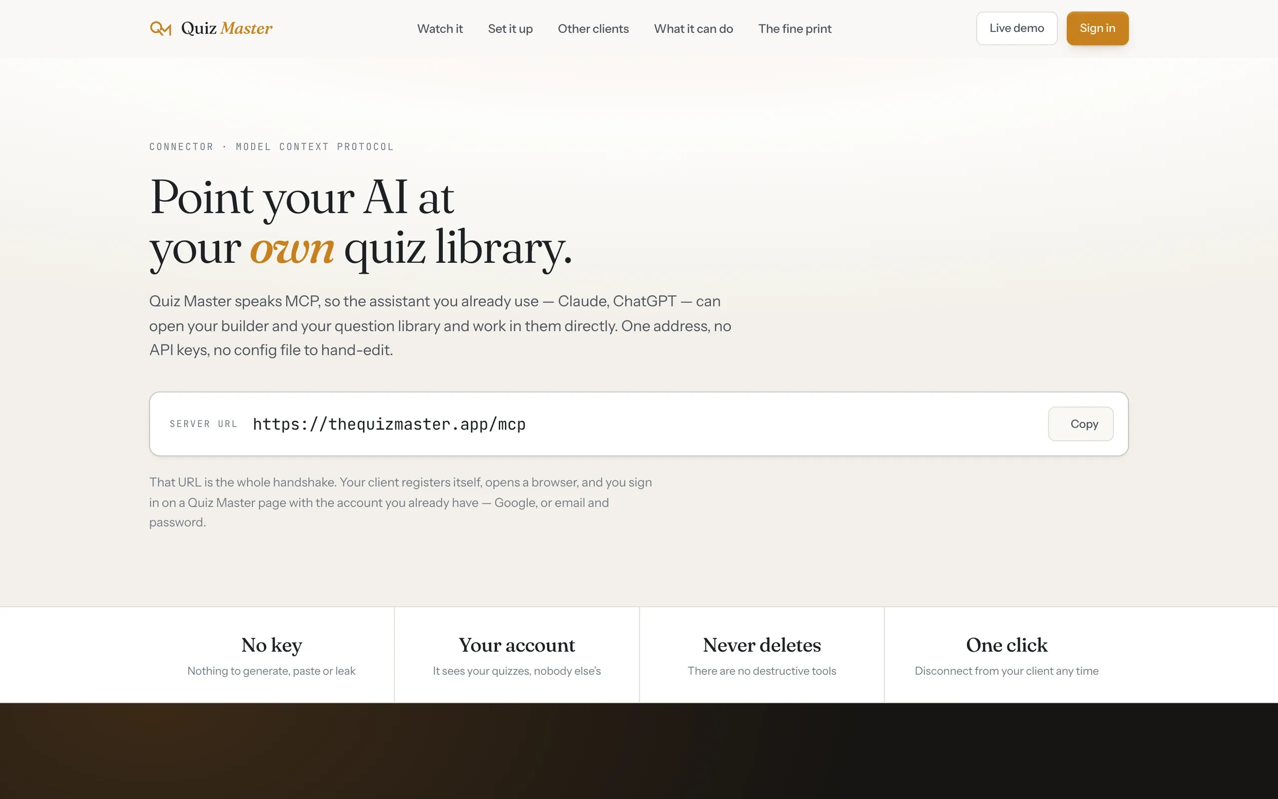 The Quiz Master, Website: The connect page: one server URL and an OAuth sign-in, then the assistant works in your own quiz library.