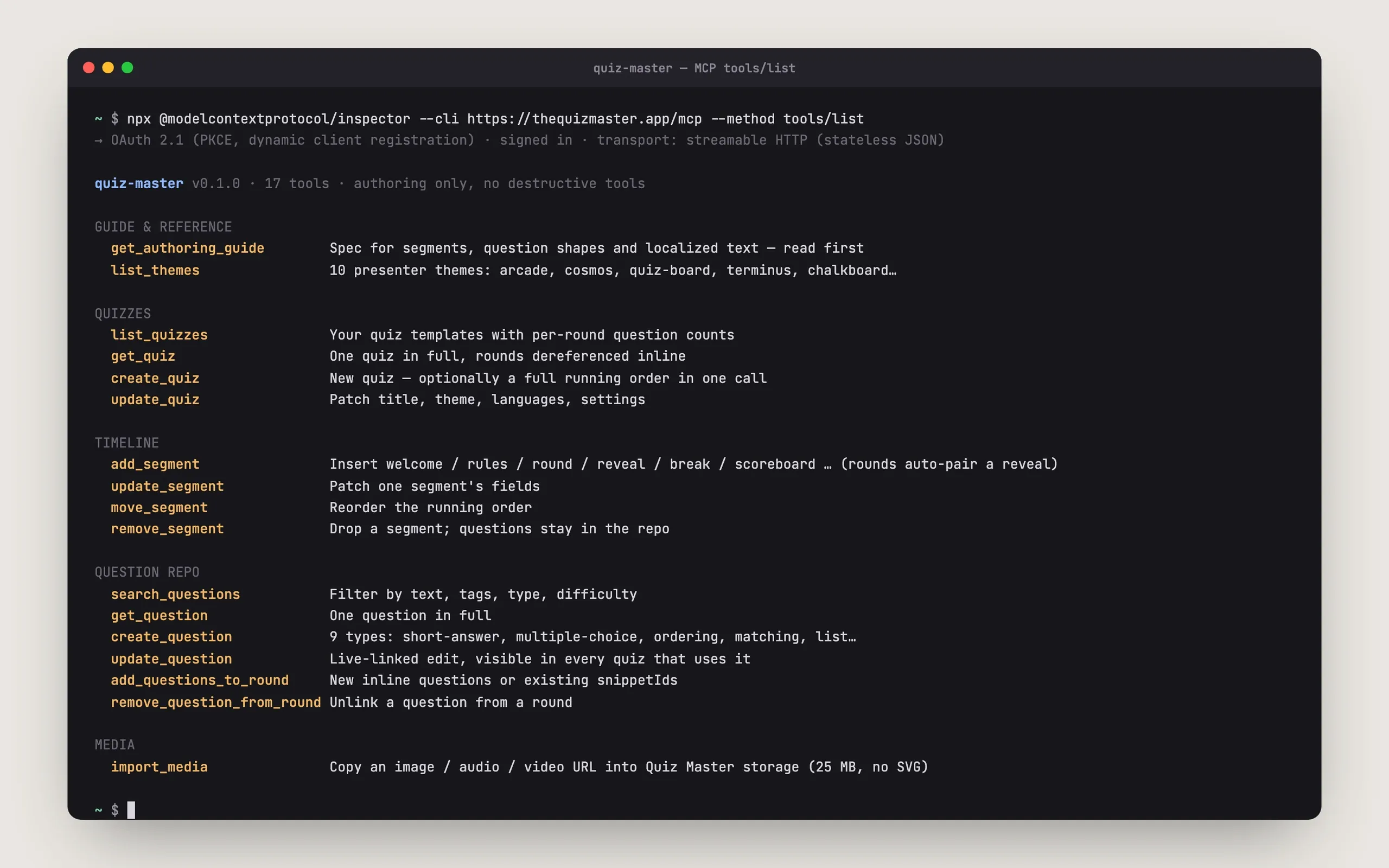 The Quiz Master, MCP: The 17 tools the MCP server exposes: quizzes, timeline segments, the question repo and media import. Nothing destructive.