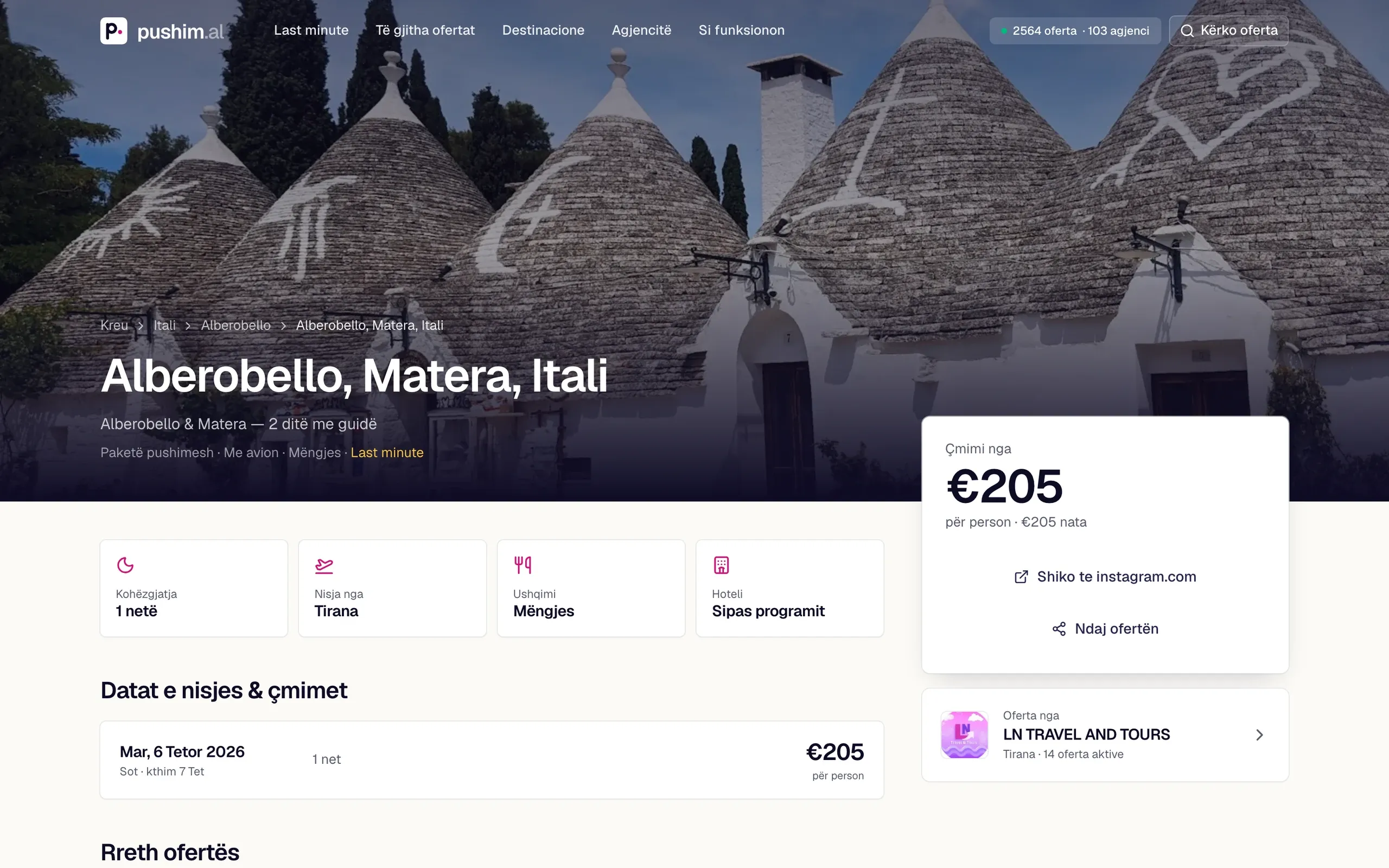 Pushim.al, Website: Offer detail: departures, price per person and the agency behind it