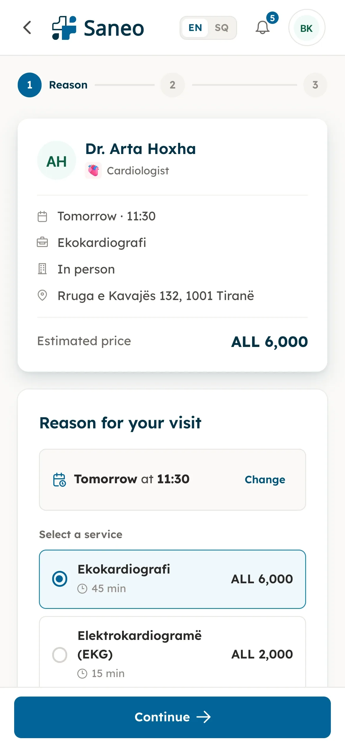 Saneo, Patient: Booking on a phone: slot, service and price in one step