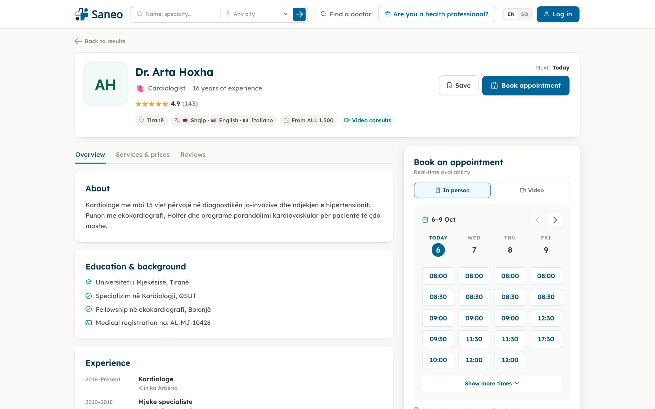 Saneo, Patient: Public doctor profile with the booking agenda