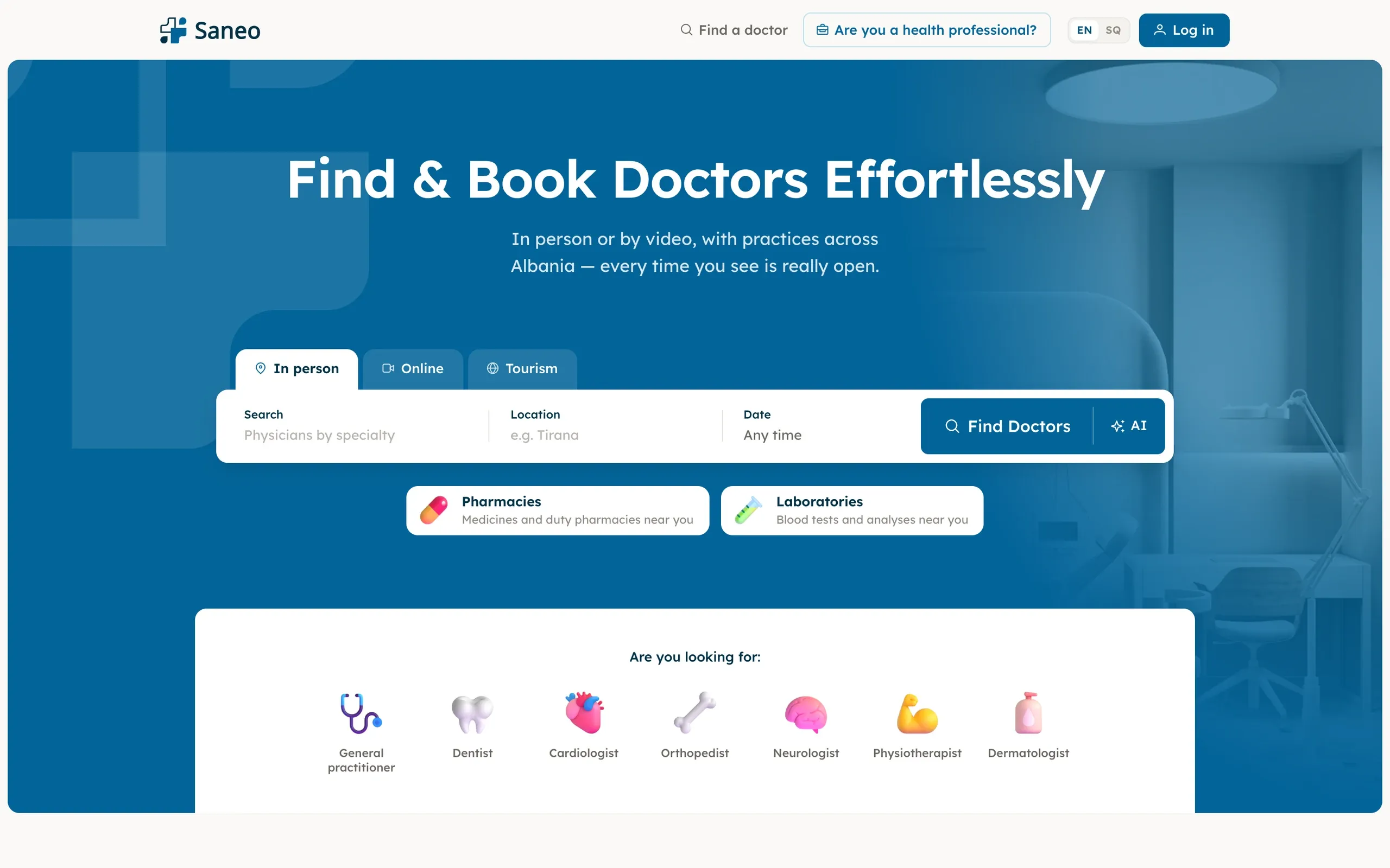 Saneo, Patient: Patient home: search by specialty, city and date, in person or by video