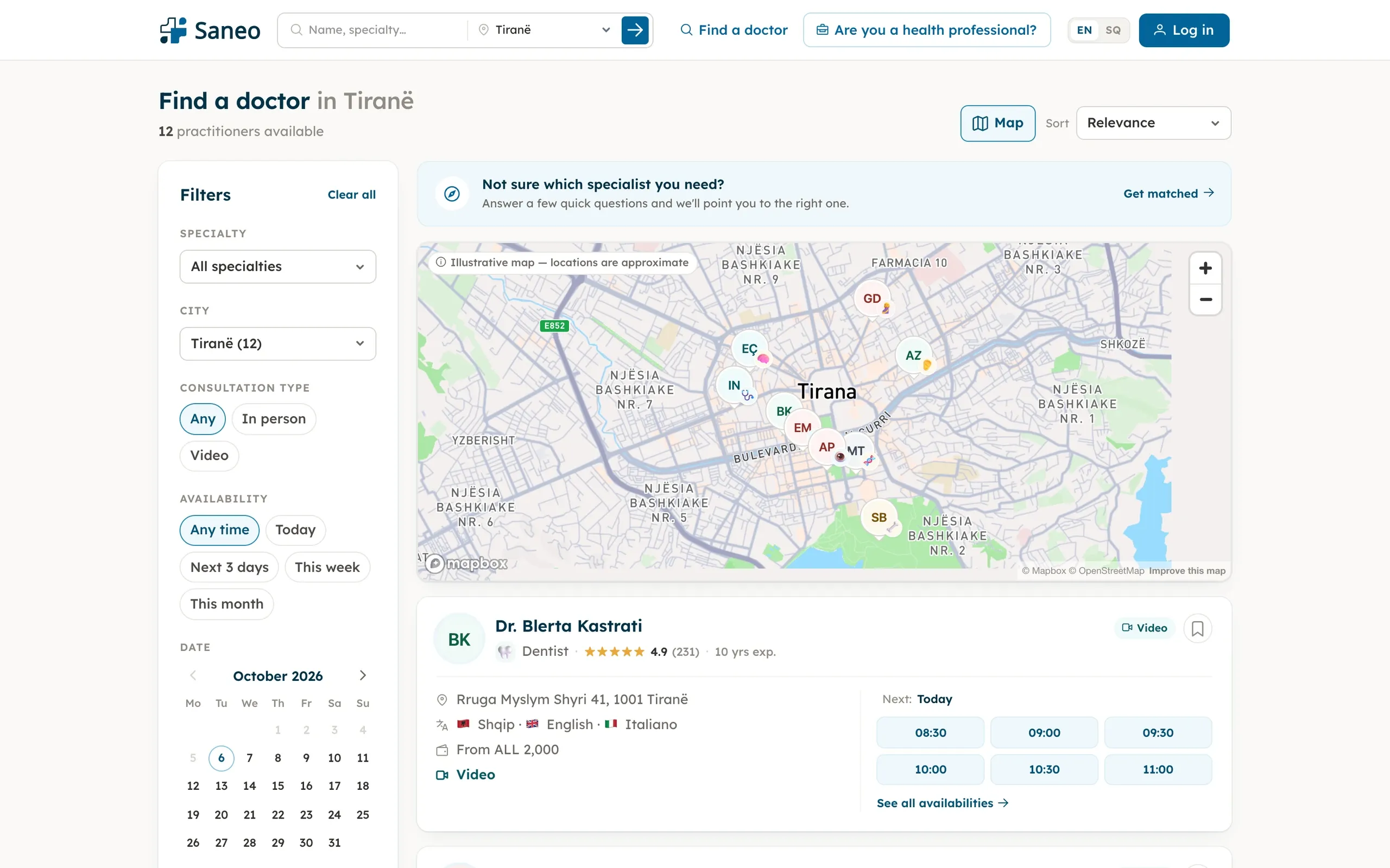 Saneo, Patient: Doctor search in Tirana with map, filters and the next free slots