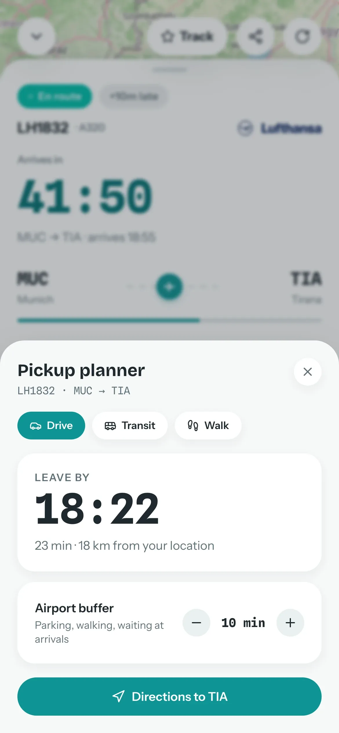 Touchdown (tdown.live), Web app: Pickup planner: drive time from your location plus a buffer gives the time to leave.