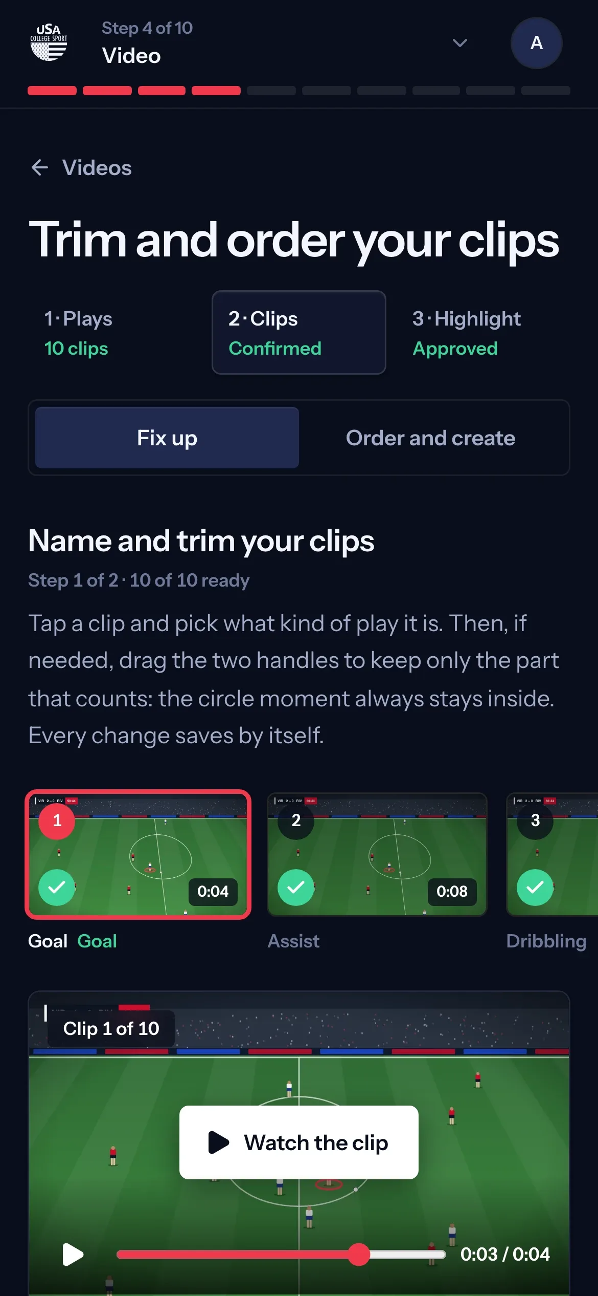 USA College Sport, Player: The same clip editor on a phone, with progress through the 10-step journey at the top.