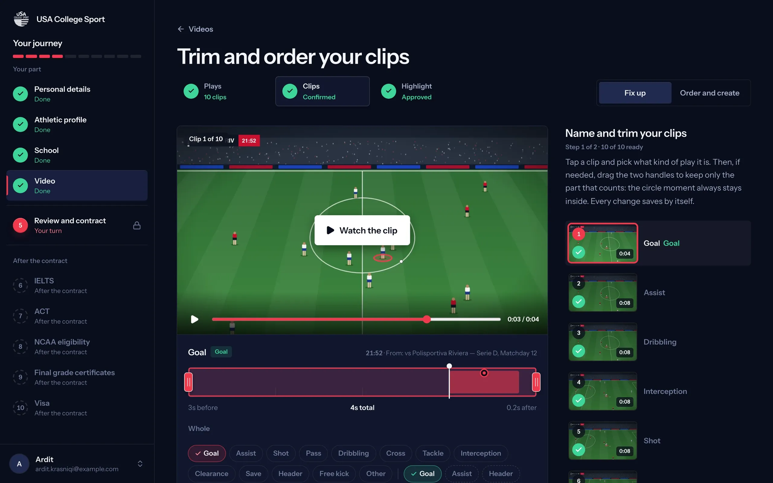 USA College Sport: Player portal: trim, name and order the clips cut from your matches.