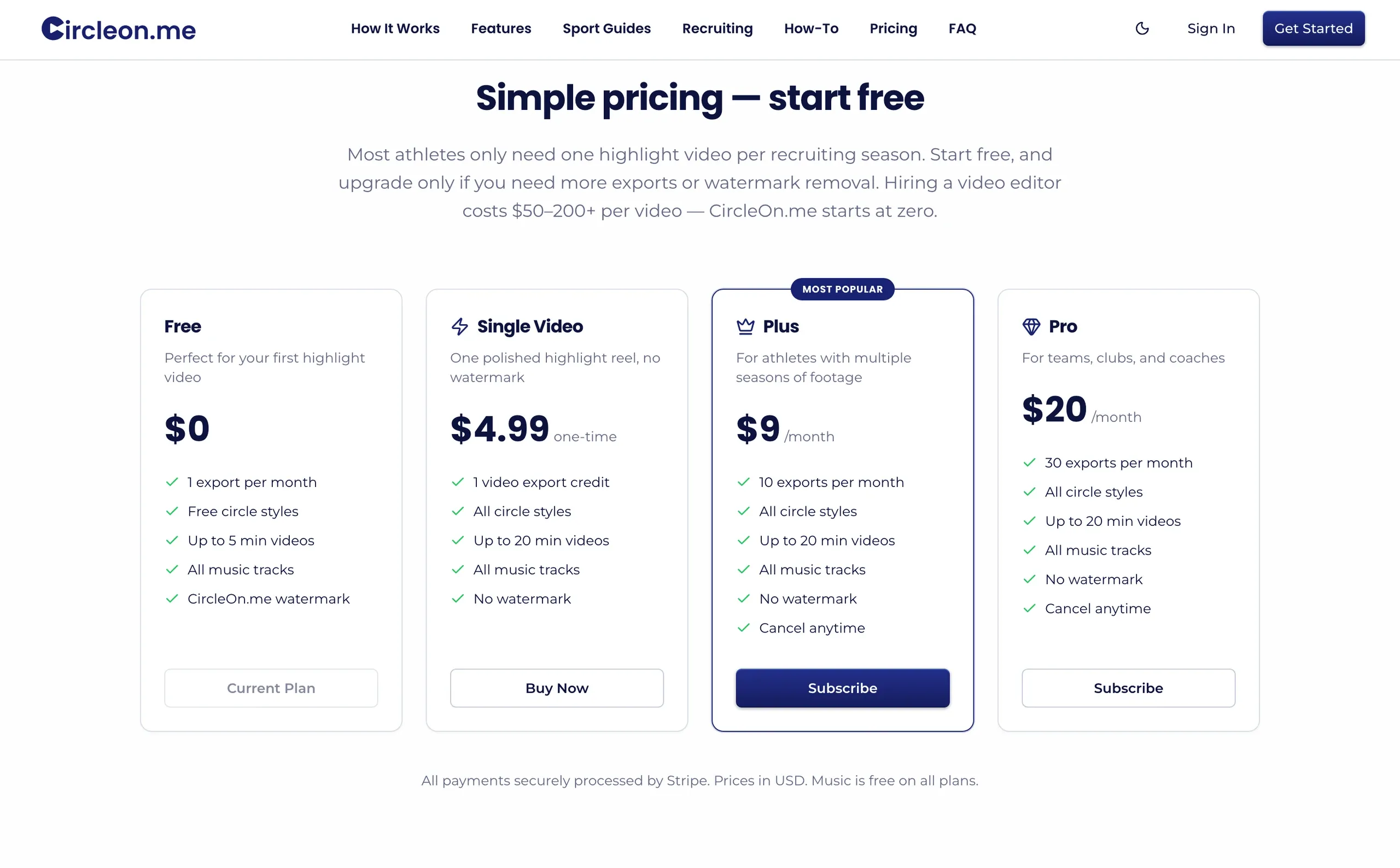 CircleOn.me, Website: Pricing: a free tier, a one-time credit and two monthly plans, billed through Stripe.