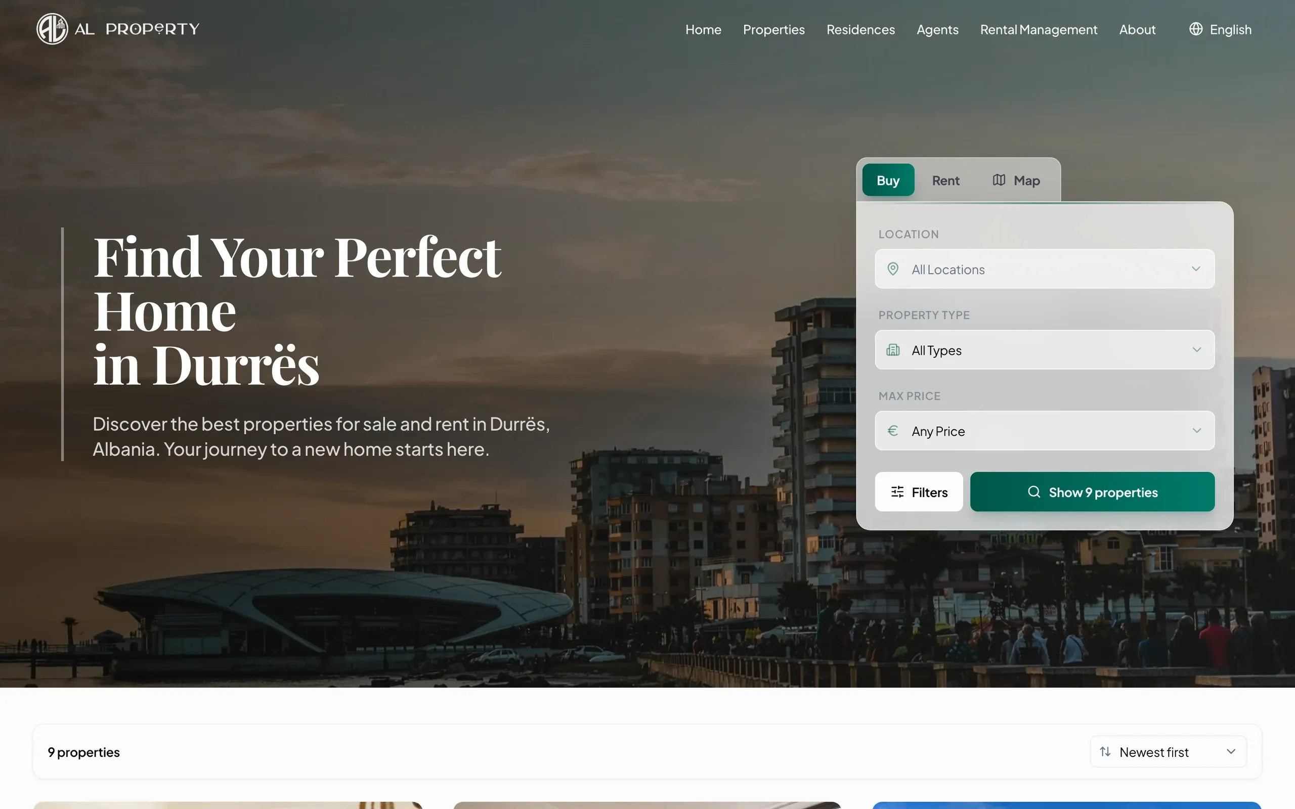 ALProperty, Website: Homepage with search for buying, renting or browsing the map