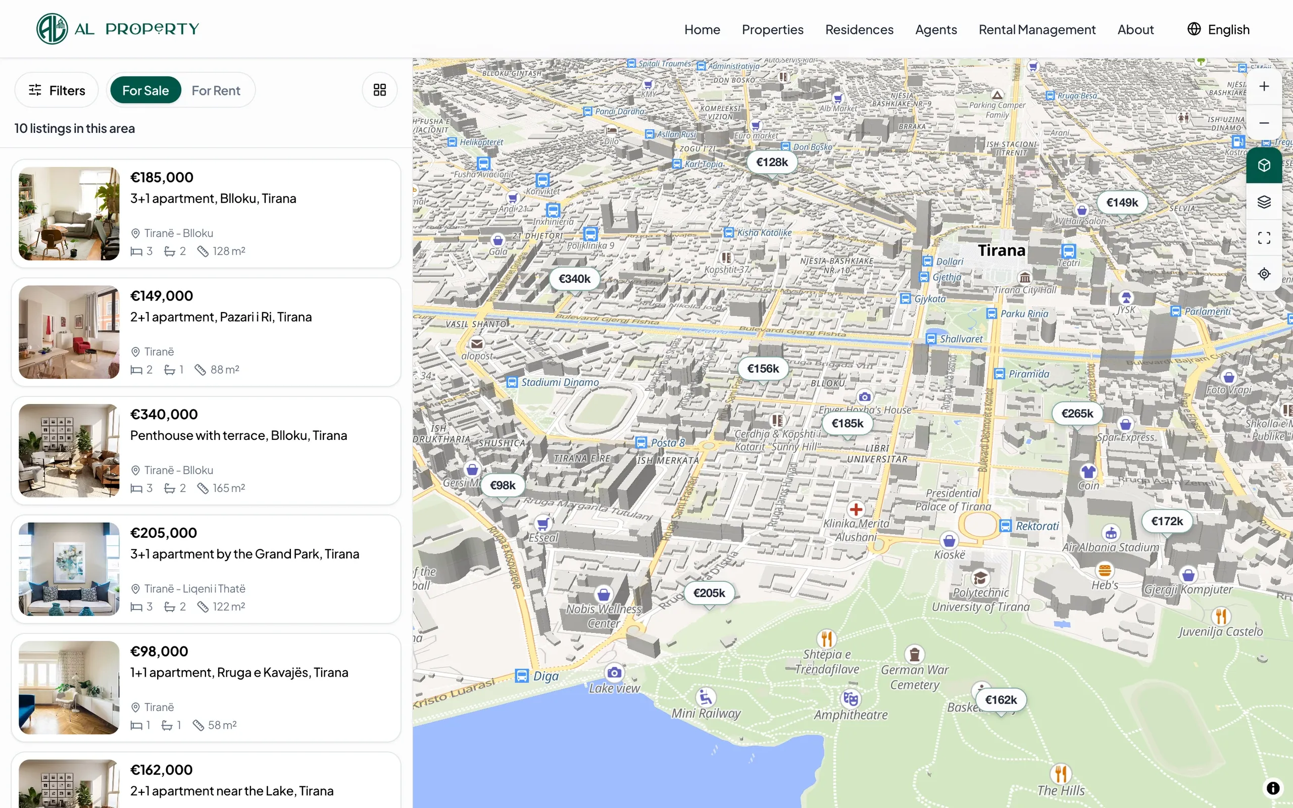 ALProperty: The map tilted into 3D over central Tirana, with a price pin for each listing