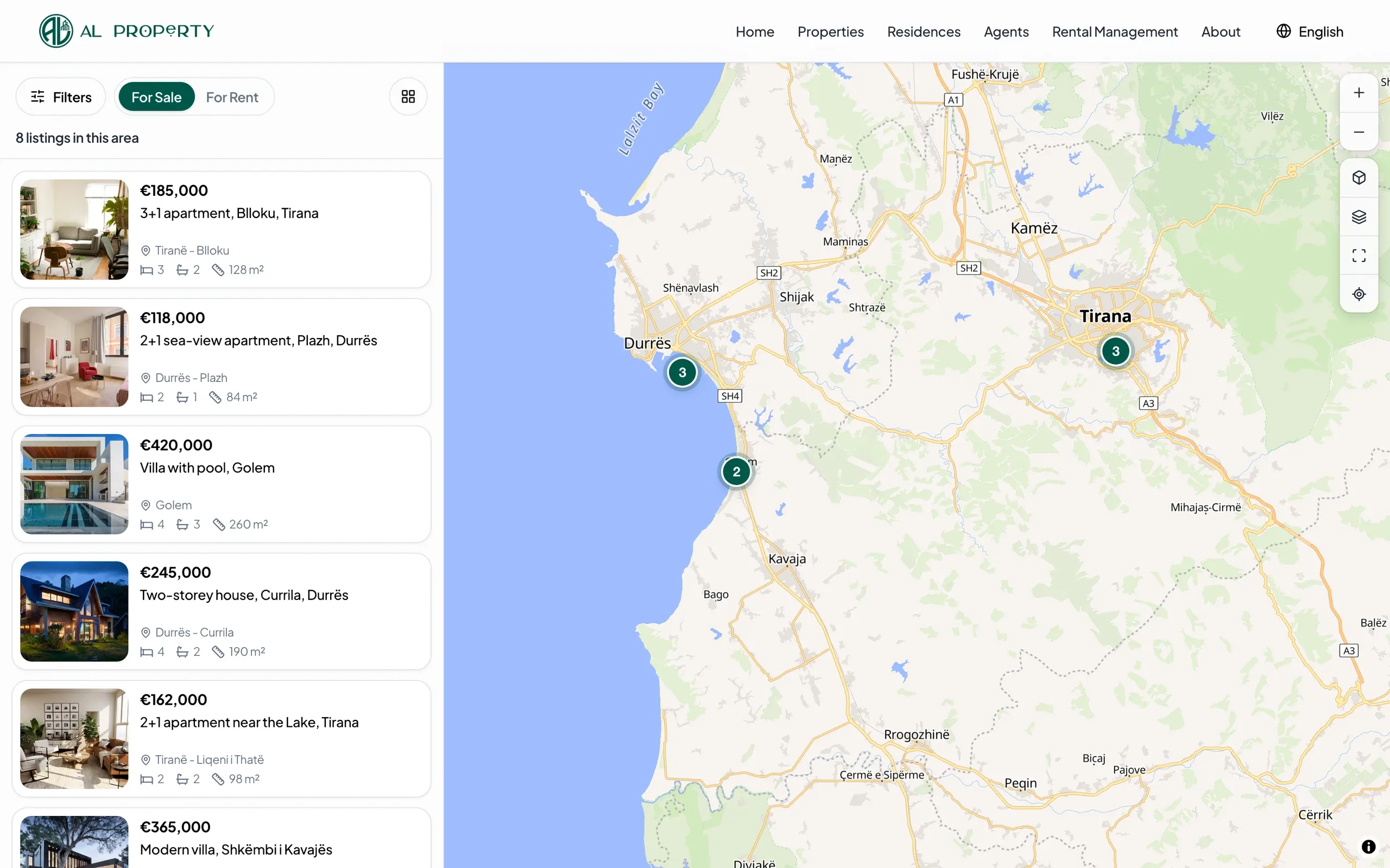 ALProperty, Website: Map search: the listing column updates to match the visible area