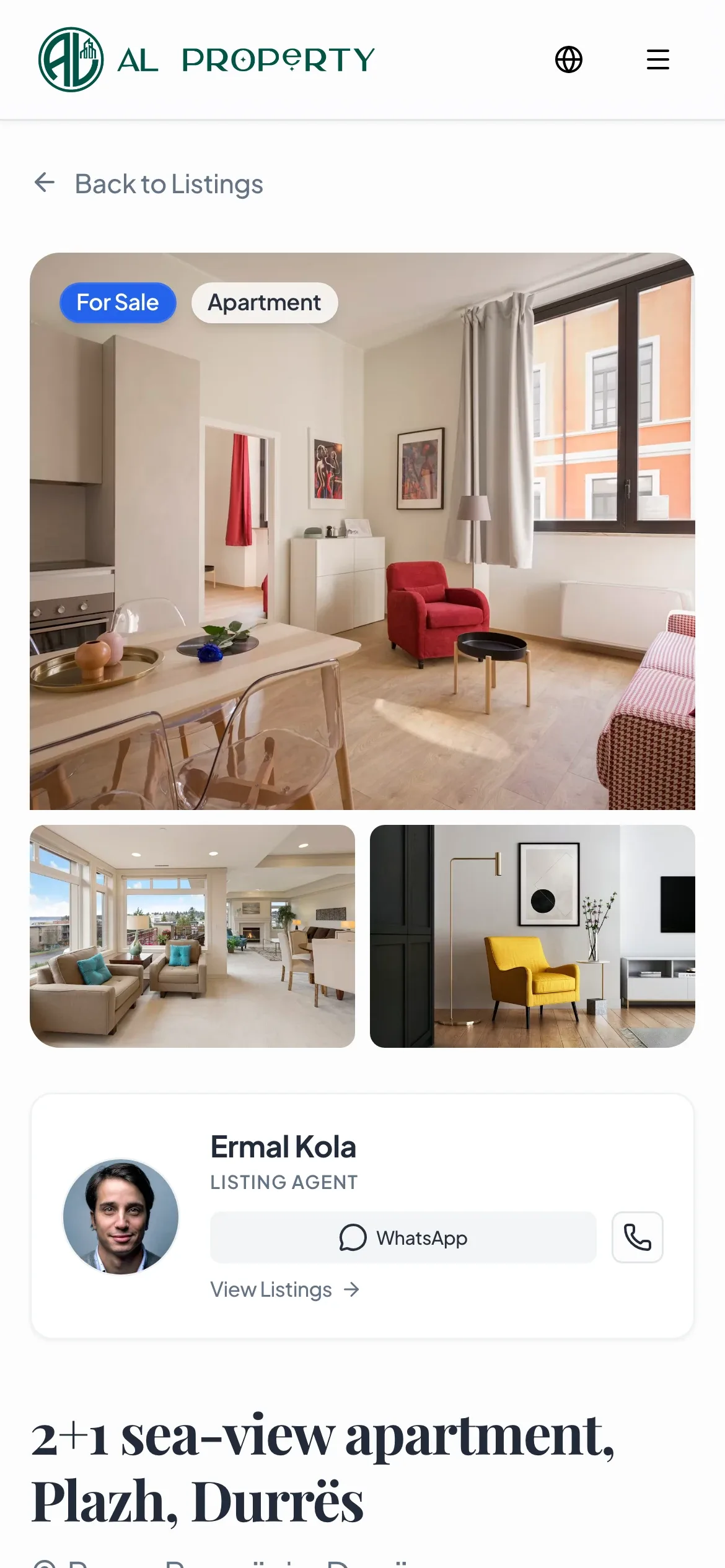 ALProperty, Website: The same listing page on a phone, with one-tap WhatsApp and call buttons